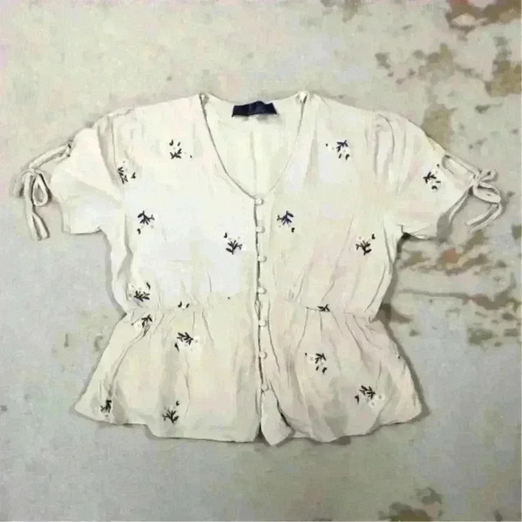 BLUE RAIN Girly Cottagecore Floral Embroidered Crop Peplum Blouse Top Women S - Picture 1 of 12